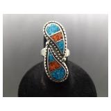 .925 Sterling Silver Inlayed turquoise and Coral Yin Yang Ring Size 6.25