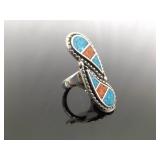 .925 Sterling Silver Inlayed turquoise and Coral Yin Yang Ring Size 6.25
