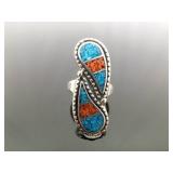 .925 Sterling Silver Inlayed turquoise and Coral Yin Yang Ring Size 6.25