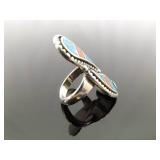 .925 Sterling Silver Inlayed turquoise and Coral Yin Yang Ring Size 6.25