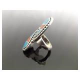 .925 Sterling Silver Inlayed turquoise and Coral Yin Yang Ring Size 6.25