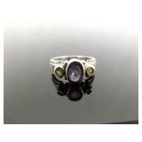.925 Sterling Silver Amethyst and Peridot Ring Size 5