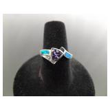 .925 Sterling Silver Amethyst and inlayed Opal Crystal Ring Size 7