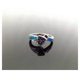 .925 Sterling Silver Amethyst and inlayed Opal Crystal Ring Size 7