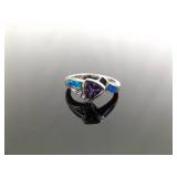 .925 Sterling Silver Amethyst and inlayed Opal Crystal Ring Size 7