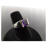 .925 Sterling Silver 14k Yellow Gold Collar Amethyst Ring Size 6