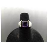 .925 Sterling Silver 14k Yellow Gold Collar Amethyst Ring Size 6