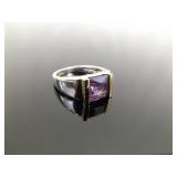 .925 Sterling Silver 14k Yellow Gold Collar Amethyst Ring Size 6