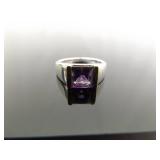 .925 Sterling Silver 14k Yellow Gold Collar Amethyst Ring Size 6