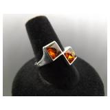 .925 Sterling Silver Baltic Amber Cabochons Ring Size 8