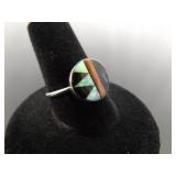 .925 Sterling Silver Inlayed Opal, Coral, and Onyx Hopi Ring Size 8.75