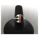 .925 Sterling Silver Inlayed Opal, Coral, and Onyx Hopi Ring Size 8.75
