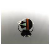 .925 Sterling Silver Inlayed Opal, Coral, and Onyx Hopi Ring Size 8.75