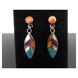 .925 Sterling Silver Multi Colored Inlayed Stone Hopi Dangle Hook Earrings