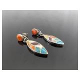 .925 Sterling Silver Multi Colored Inlayed Stone Hopi Dangle Hook Earrings