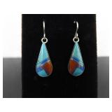 .925 Sterling Silver Multi Colored Inlayed Stone Hopi Dangle Hook Earrings