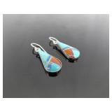 .925 Sterling Silver Multi Colored Inlayed Stone Hopi Dangle Hook Earrings