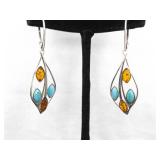 .925 Sterling Silver Amber, Howlite and Cats Eye Hinged Latch Dangle Earrings