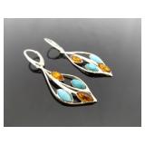 .925 Sterling Silver Amber, Howlite and Cats Eye Hinged Latch Dangle Earrings
