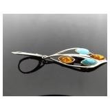 .925 Sterling Silver Amber, Howlite and Cats Eye Hinged Latch Dangle Earrings