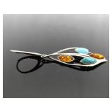 .925 Sterling Silver Amber, Howlite and Cats Eye Hinged Latch Dangle Earrings