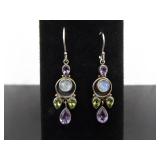 .925 Sterling Silver Peridot, Moonstone, and Amethyst Dangle Hook Earrings