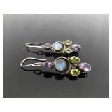 .925 Sterling Silver Peridot, Moonstone, and Amethyst Dangle Hook Earrings