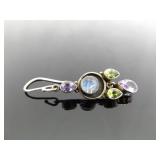 .925 Sterling Silver Peridot, Moonstone, and Amethyst Dangle Hook Earrings