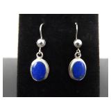.925 Sterling Silver Lapis Lazuli Cabochon Dangle Hook Earrings