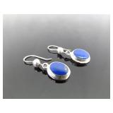 .925 Sterling Silver Lapis Lazuli Cabochon Dangle Hook Earrings