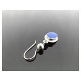 .925 Sterling Silver Lapis Lazuli Cabochon Dangle Hook Earrings