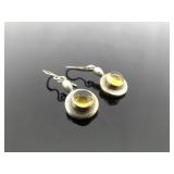 .925 Sterling Silver Citrine Cabochon Dangle Hook Earrings