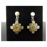 .925 Sterling Silver Inlayed Mother of Pearl Peruvian Chakana Dangle Post Earrings