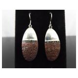 .925 Sterling Silver Artist Signed Copper Shield Dangle Hook Earrings