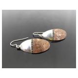 .925 Sterling Silver Artist Signed Copper Shield Dangle Hook Earrings