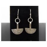 .925 Sterling Silver Half Moon River Waves Dangle Hook Earrings