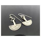 .925 Sterling Silver Half Moon River Waves Dangle Hook Earrings