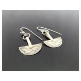 .925 Sterling Silver Half Moon River Waves Dangle Hook Earrings