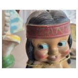 Vintage Native American Boy theme Carnival Chalkware Coin Bank by Duquesne Statuary