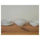 Lot of (3) Dinnerware - Damask by Easterling (Bavaria Germany) - Covered Vegetable Dish 10-1/2" x 8-1/2" x 4", Bowl 7-1/4" x 2-5/8", Gravy Boat 9" x 7" x 3-1/4"