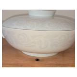 Lot of (3) Dinnerware - Damask by Easterling (Bavaria Germany) - Covered Vegetable Dish 10-1/2" x 8-1/2" x 4", Bowl 7-1/4" x 2-5/8", Gravy Boat 9" x 7" x 3-1/4"