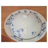 9-3/4" Porcelain Lidded Serving Bowl by Porsgrund (Norway) / Blue Floral Design with Brown Trim