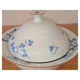 9-3/4" Porcelain Lidded Serving Bowl by Porsgrund (Norway) / Blue Floral Design with Brown Trim