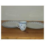 Porcelain Dinnerwares - 11" Dinner Plates (x3) and Coffee Mug (x1) - 1885-2013 by Porsgrund (Norway) / Bluebird Flower pattern