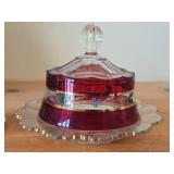 Vintage Glass Covered Sugar Bowl and Covered Butter Dish / Early American pattern / (ruby red flashed)