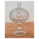 Vintage Fostoria American Clear Glass Covered Pedestal Candy Dish / Compote