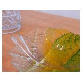 Crystal Glass Bowl by Maleras (Sweden) / Leaf pattern / (green/yellow hue)