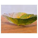Crystal Glass Bowl by Maleras (Sweden) / Leaf pattern / (green/yellow hue)