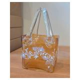 Vintage Handbag theme Art Glass Vase / Murano style / (amber with white floral etching)