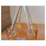 Vintage Handbag theme Art Glass Vase / Murano style / (amber with white floral etching)